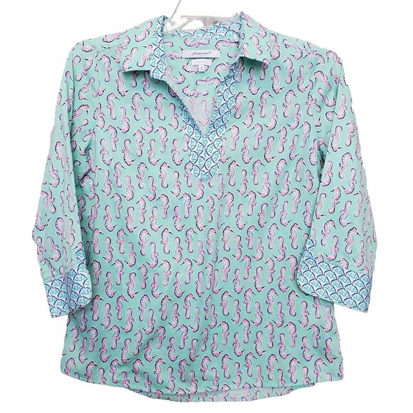 Foxcroft Wrinkle Free Shaped Fit 100% Cotton Seahorse Print Popover Top Size 10 - Picture 1 of 5